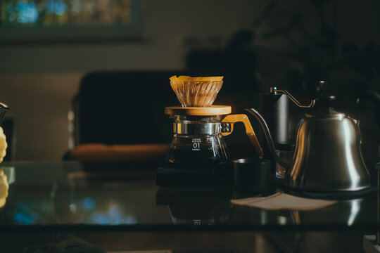 Alternative coffee brewing method, filter coffee, using pour over dripper v60 and paper filter.	