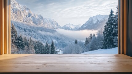 Serene Winter Landscape View from Wooden Window Frame in Mountains