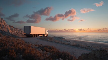 White semi-truck parked on coastal road at sunset.