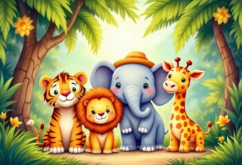 Naklejka premium Cute cartoon jungle animals in a group portrait with a tropical forest background. 