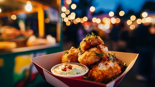 Crispy crab cakes served in a takeout box with dipping sauce at a vibrant night market
