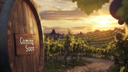 Sunset Vineyard with Coming Soon Message on Wooden Wine Barrel - Perfect for Wine Promotions