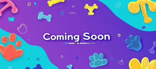 Colorful Coming Soon Banner for Pet Products with Cute Cartoon Elements