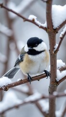 Cute chickadee perched on a snowy branch during winter in a serene landscape