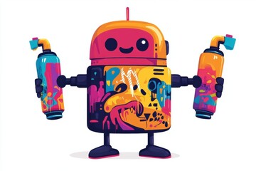Fototapeta premium A colorful robot holding spray cans, showcasing creativity and art.