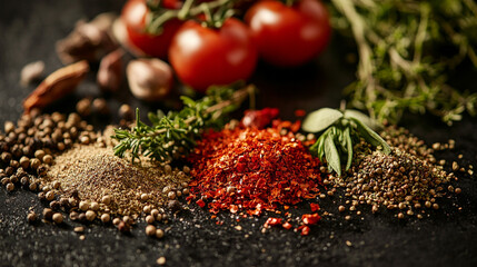 Fototapeta premium Bright red spices and fresh herbs arranged with cherry tomatoes on a black surface. 