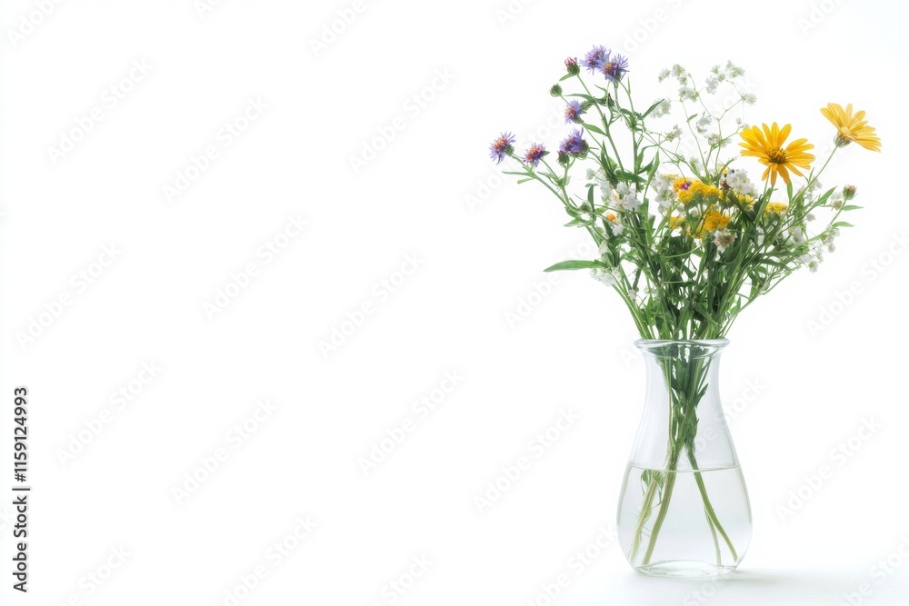 Poster Bright wildflowers in a clear glass vase create a serene minimalist still life with ample space for text placement. Generative AI