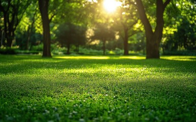 Fototapeta premium Serene Natural Landscape with Lush Green Grass, Sunlight Filtering Through Trees Creating a Beautiful Peaceful Environment in a Vibrant Park Setting