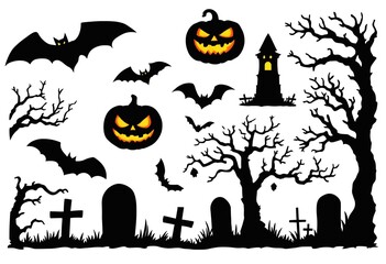 Spooky Halloween Silhouettes Bats, Pumpkins, Trees, and Gravestones