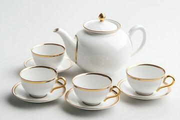 Fine bone china tea service set, gold rim details, teapot with matching cups and saucers, bright white studio background, elegant composition