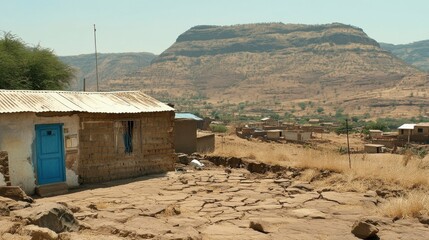Dry Riverbeds and Remote Village in Harsh Sunlight