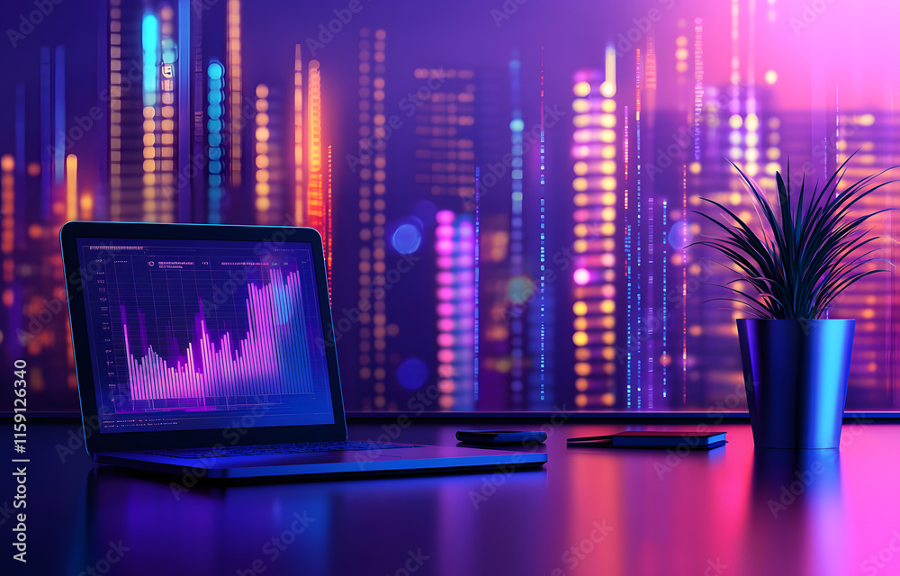 Poster data analysis event with laptop displaying graphs urban environment digital workspace night view tec