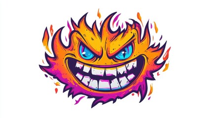 A vibrant, cartoonish flame character with a mischievous grin and sharp teeth.