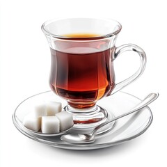 Glass teacup with sugar cubes on saucer.