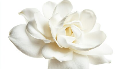 Fototapeta premium A detailed view of a blooming white gardenia with its lush, layered petals, isolated white background