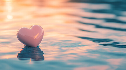 Fototapeta premium Floating heart symbolizes love during Valentine's Day at sunset on calm water. 