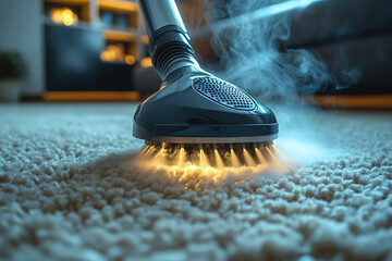 a steam cleaner nozzle deep-cleaning a beige carpet, releasing visible steam, symbolizing effective allergen removal and freshness