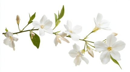 Fototapeta premium A detailed view of a blooming white jasmine with its small, fragrant flowers, isolated white background