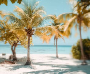 Fototapeta premium Serene Tropical Beach Scene with Lush Palm Trees, Clear Blue Waters, and Soft Sandy Shores Under a Bright Sky for Peaceful Relaxation or Vacation Vibes