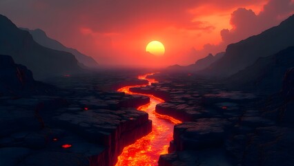 Lava River Sunset Dramatic Volcanic Landscape Fiery Sky