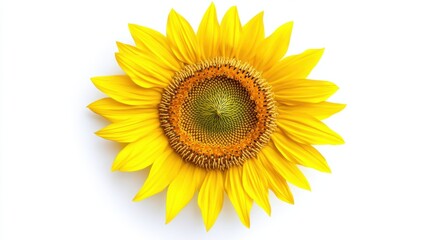 Fototapeta premium A detailed view of a bright yellow sunflower with intricate details in the center, isolated white background, minimalistic art style
