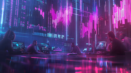 Cybersecurity analysts monitor digital threats in futuristic control room high-tech environment engaging viewpoint