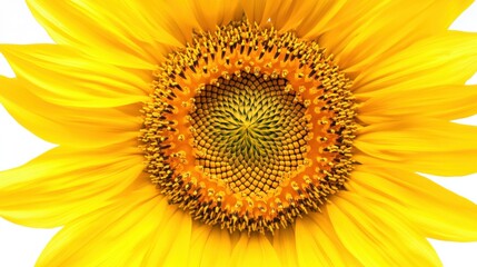 Obraz premium A detailed view of a bright yellow sunflower with intricate details in the center, isolated white background, minimalistic art style