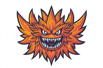 A fierce, stylized monster face with fiery colors and sharp teeth.