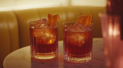 Two Negroni cocktails on marble table in bar.