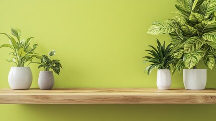 Fresh Indoor Plants on Wooden Shelf Against Vibrant Green Wall