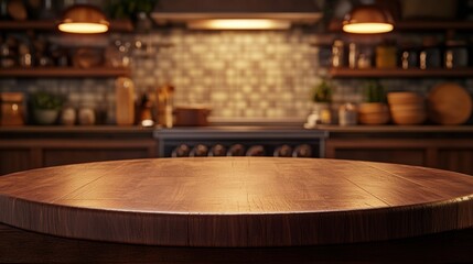 Cozy Kitchen Background with Wooden Table and Warm Lighting Effects