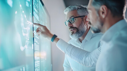 Collaborative discussion on data analytics modern office business meeting urban environment close-up view technology insights