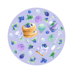 Pancakes, cakes, blueberry, blackberry, marshmallows, cake pops in purple and green colors round composition. Hand draw watercolor illustration on lilac for kitchen textile, round tableware and plate.
