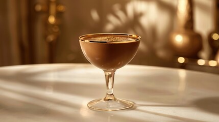 A decadent chocolate smoothie in a luxurious, golden-rimmed glass lies on a white table, with a sophisticated, evening background