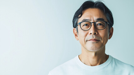 白い背景で眼鏡をかけ落ち着きのある表情を見せる70代日本人男性のスタジオ写真