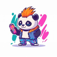 Naklejka premium A cute panda character with a punk style, holding a drink can.