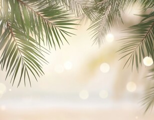 Fototapeta premium Soft and Subtle Tropical Background with Palm Leaves and Bokeh Lights for Relaxing and Serene Nature Themes