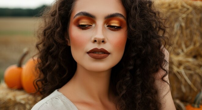 Autumn beauty portrait of young hispanic female with curly hair and gold makeup in rural setting
