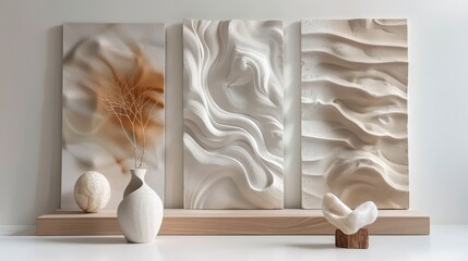 A collection of sleek wall art panels with abstract designs and delicate textures, showcased on a neutral white background to highlight their beauty