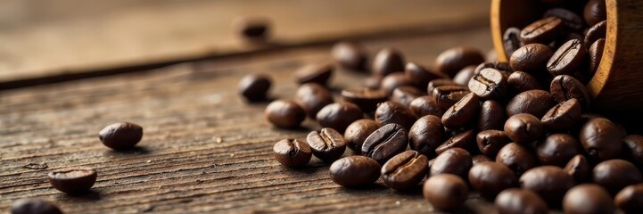 Fototapeta premium Dark roasted coffee beans scattered on aged oak wood , vintage, brown