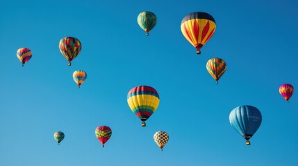 Fototapeta premium A dramatic display of a colorful hot air balloon festival against a clear blue sky, aerial shot, Dramatic style