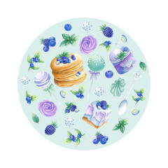 Pancakes, cakes, blueberry, blackberry, marshmallows, cake pops in purple and green colors round composition. Hand draw watercolor illustration on mint for kitchen textile, round tableware and plate.