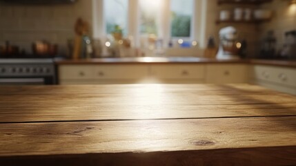 Sunlit Rustic Kitchen Table with Warm Wood Grain and Cozy Atmosphere