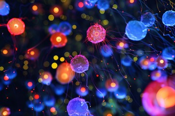 Colorful microscopic cells in motion