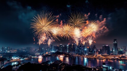 A dramatic display of fireworks lighting up the night sky over a city skyline, aerial shot, Festive style