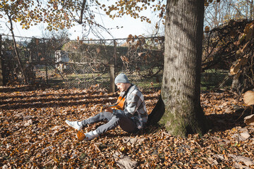 young man in a plaid shirt and beanie sits under a large tree, playing an acoustic guitar in a sunny autumn setting. The ground is covered with dry leaves, enhancing the cozy and peaceful atmosphere
