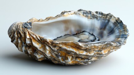 Empty oyster shell with visible texture and iridescence.