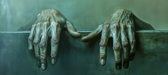 Tension and Guilt Depicted: Dramatic Close-Up of Veined Hands Gripping a Table Edge
