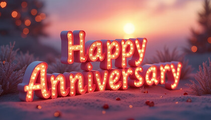 Romantic Winter Sunset Anniversary Wishes Illuminated Sign in Snowy Landscape