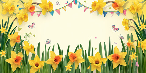 Obraz premium Spring Daffodils Butterflies Bunting Floral Background